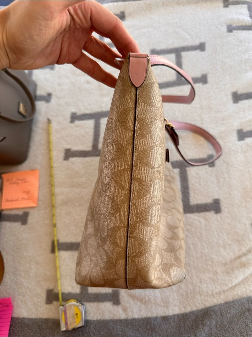 Coach Beige Signature Tote with Pink Leather Handles 2019 Coach gallery tote
